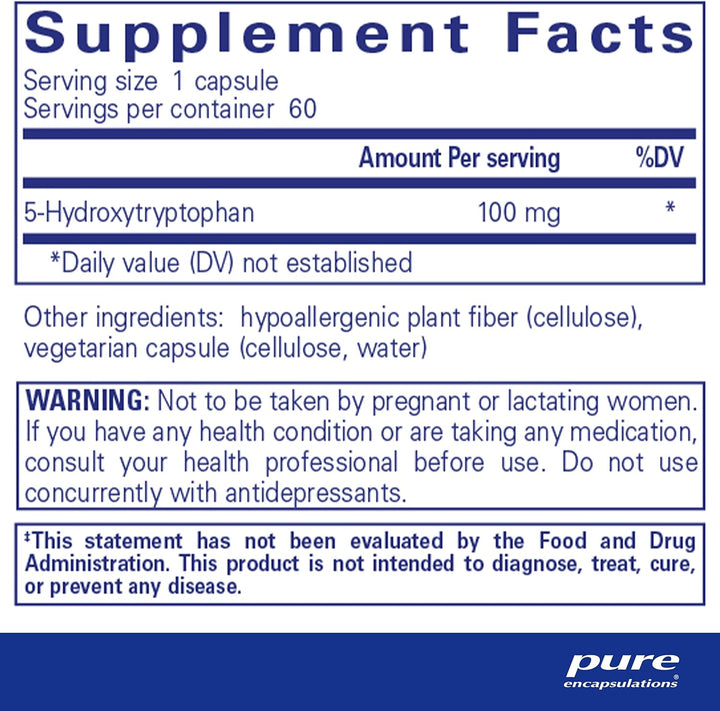 Pure Encapsulations 5HTP 100 mg supplement capsules for mood, sleep, and wellness, 60 vegetarian capsules.