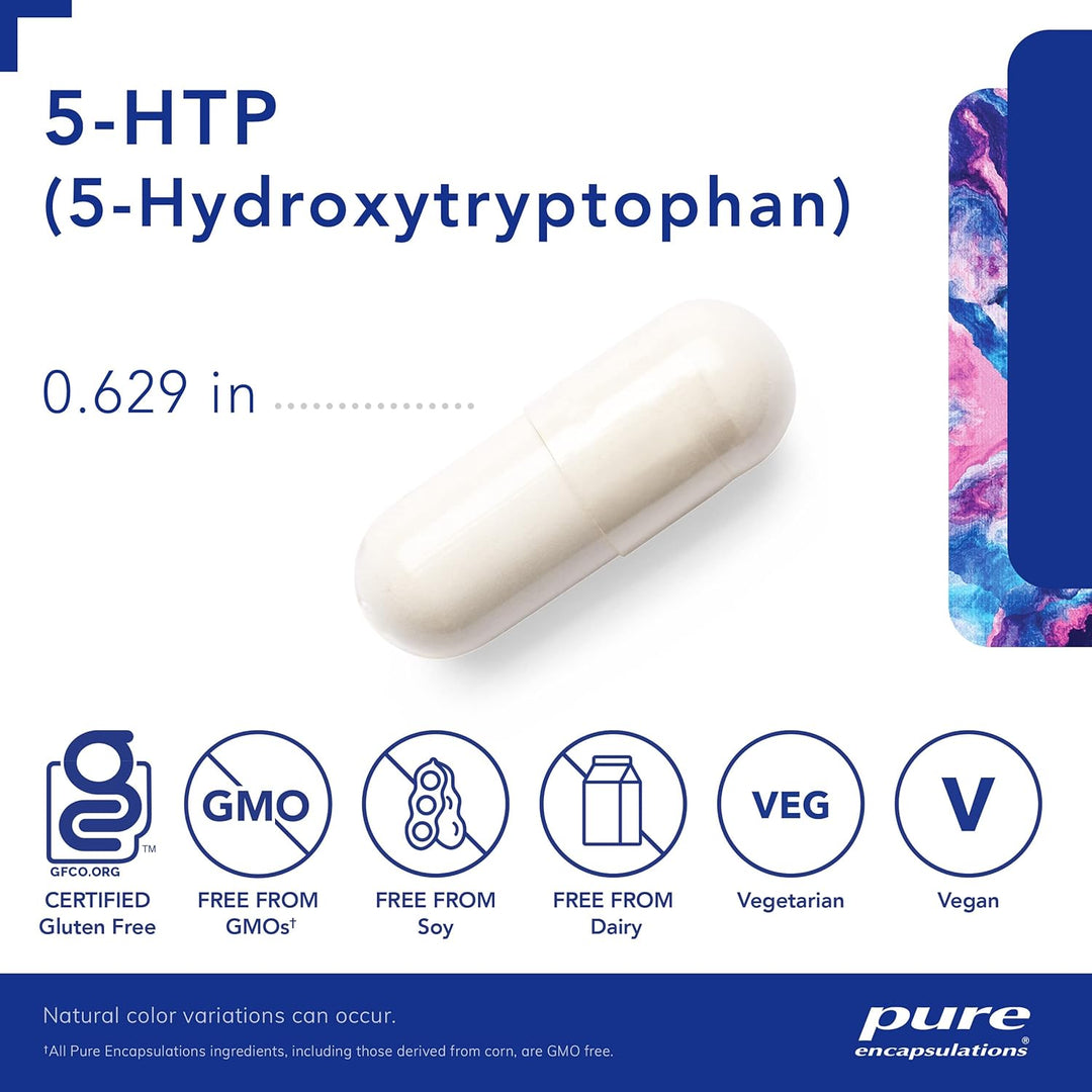 Pure Encapsulations 5HTP 100 mg supplement bottle showing 60 capsules for mood, sleep, and wellness support.