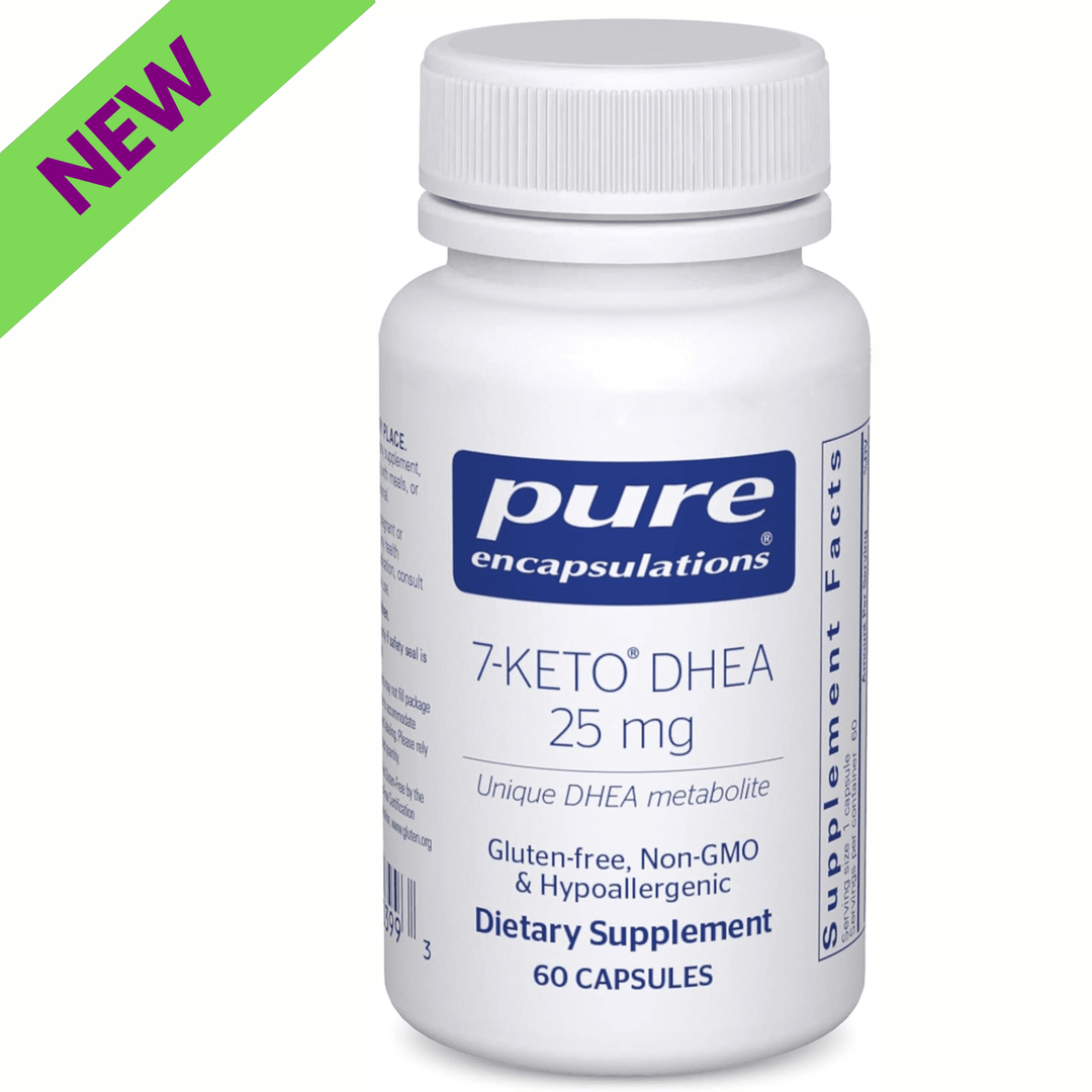 Pure Encapsulations 7 Keto DHEA 25 mg supplement bottle with 60 capsules, supports thermogenesis and hormone health.