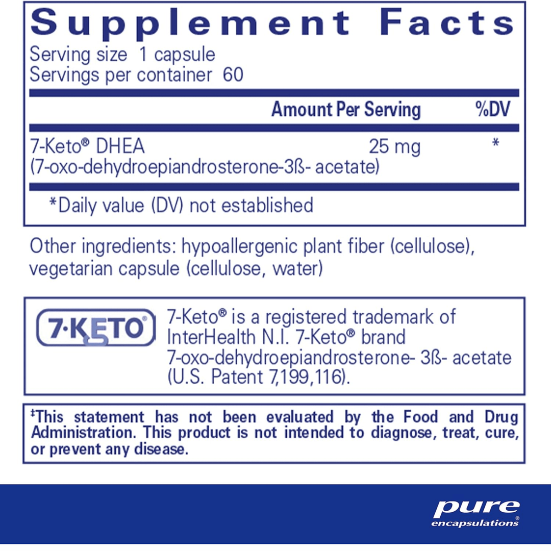 Pure Encapsulations 7 Keto DHEA 25 mg supplement bottle with 60 capsules, supporting thermogenesis and hormone balance.