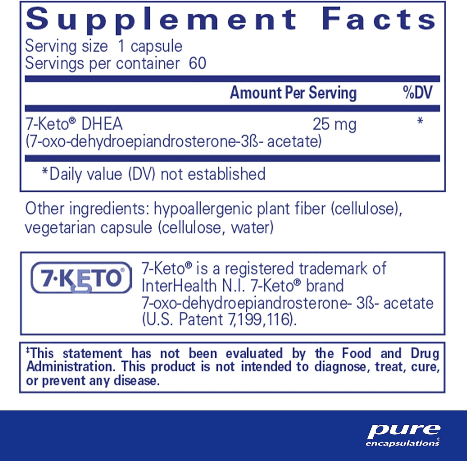 Pure Encapsulations 7 Keto DHEA 25 mg supplement bottle with 60 capsules, supporting thermogenesis and hormone balance.
