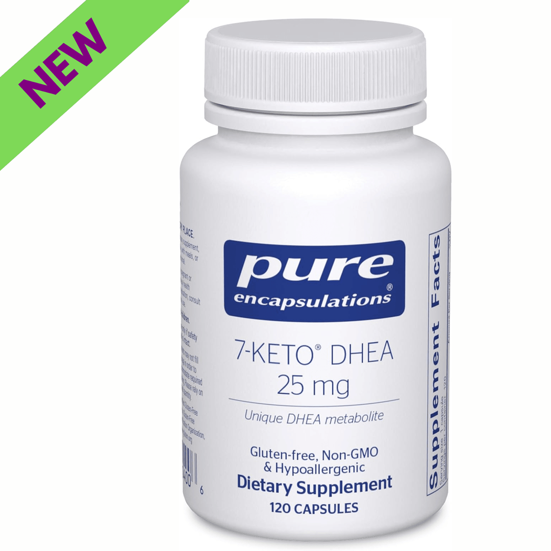 Pure Encapsulations 7 Keto DHEA 25mg supplement bottle with 120 capsules, supports thermogenesis and metabolic health.