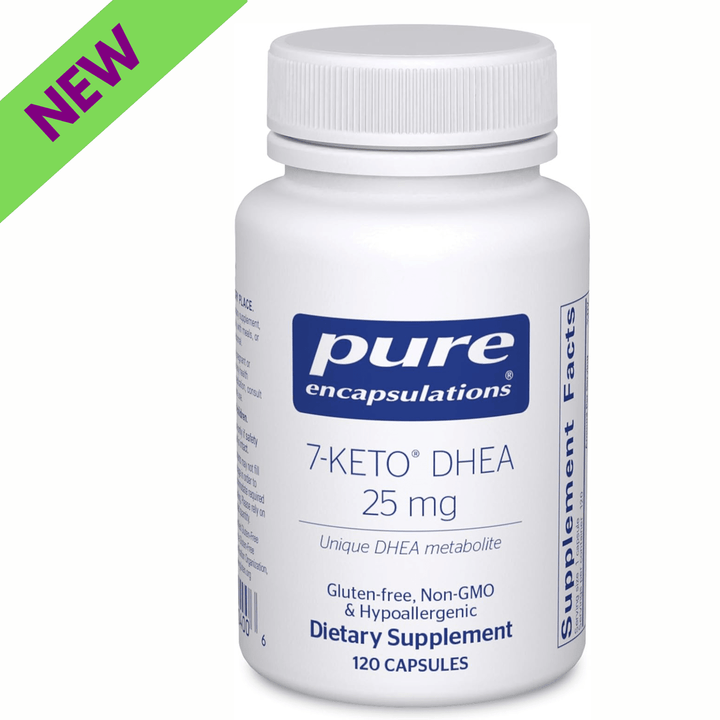 Pure Encapsulations 7 Keto DHEA 25mg supplement bottle with 120 capsules, supports thermogenesis and metabolic health.