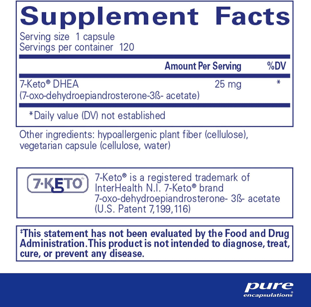 Pure Encapsulations 7 Keto DHEA 25mg supplement bottles with 120 capsules, supporting thermogenesis and digestive health.