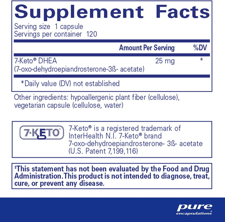 Pure Encapsulations 7 Keto DHEA 25mg supplement bottles with 120 capsules, supporting thermogenesis and digestive health.