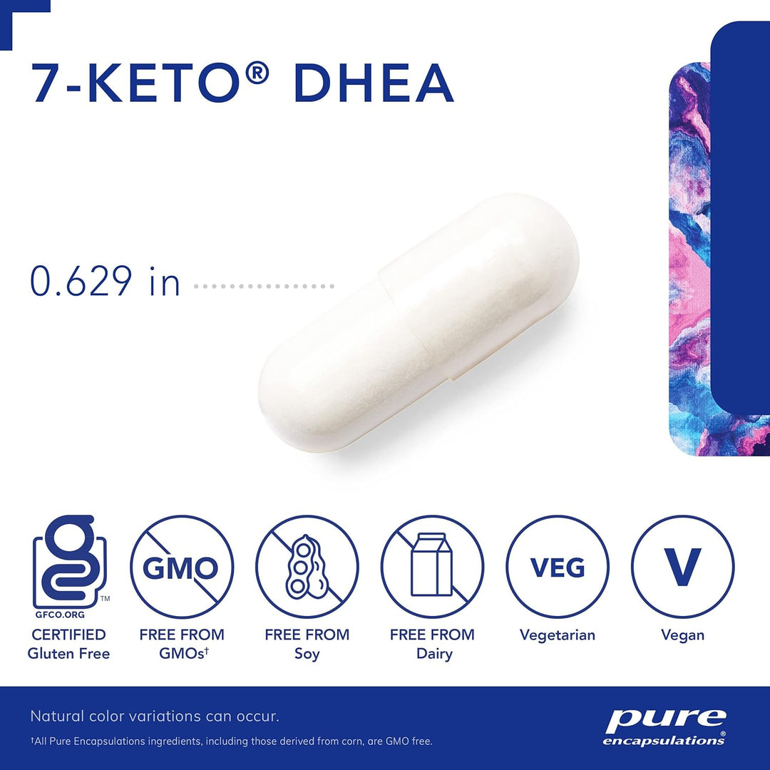 Pure Encapsulations 7 Keto DHEA 25mg supplement bottle with 120 capsules, supporting thermogenesis and metabolic health.