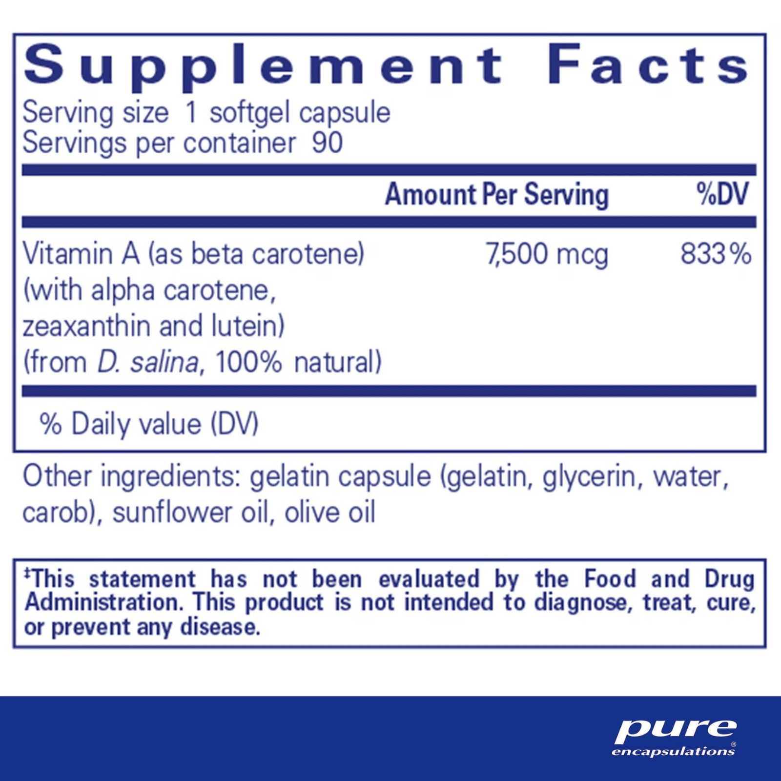 Pure Encapsulations Beta Carotene supplement capsules supporting eye and skin health, displayed in a clear bottle.