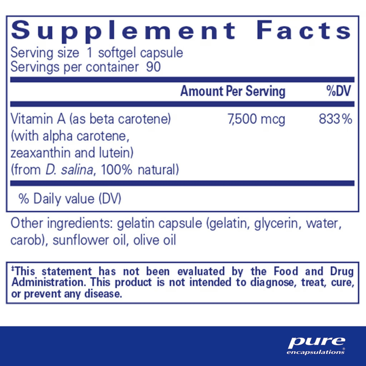 Pure Encapsulations Beta Carotene supplement capsules supporting eye and skin health, displayed in a clear bottle.