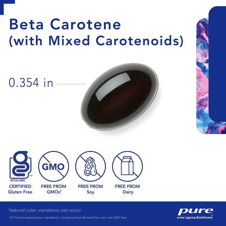 Pure Encapsulations Beta Carotene supplement in 90 capsules, supporting eye and skin health, with digestive enzymes.