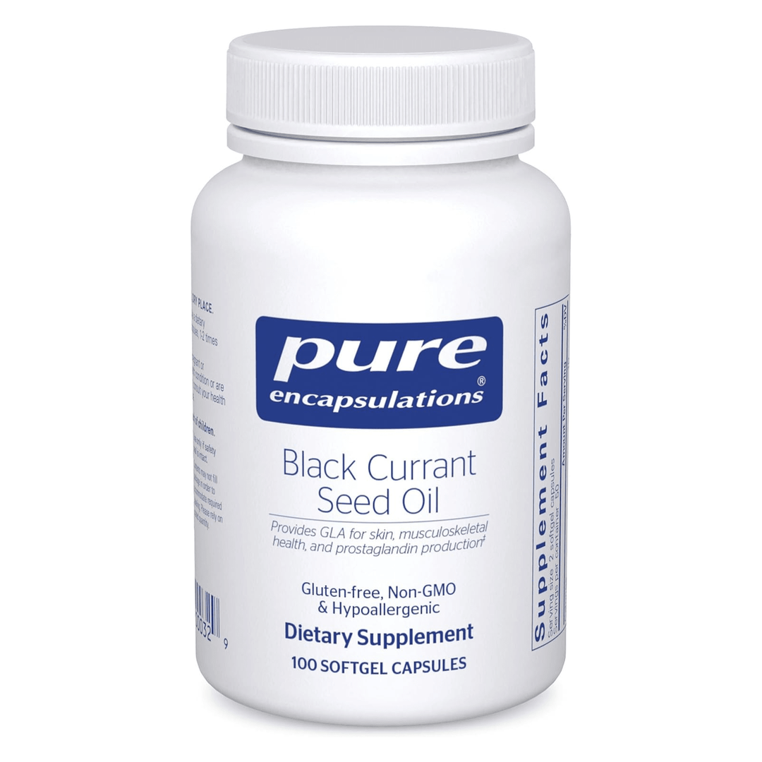 Pure Encapsulations Black Currant Seed Oil dietary supplement softgels, a digestive enzyme supplement for health support.
