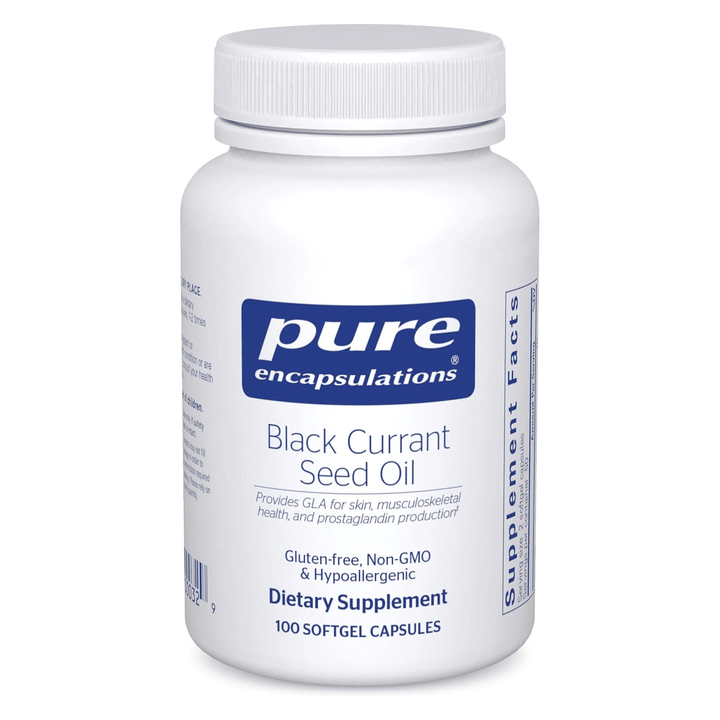 Pure Encapsulations Black Currant Seed Oil dietary supplement softgels, a digestive enzyme supplement for health support.