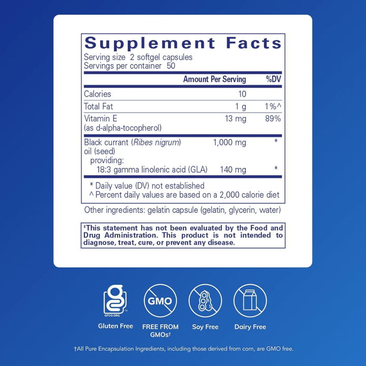 Pure Encapsulations Black Currant Seed Oil dietary supplement softgels, a digestive enzyme supplement with 100 softgels in bottle.