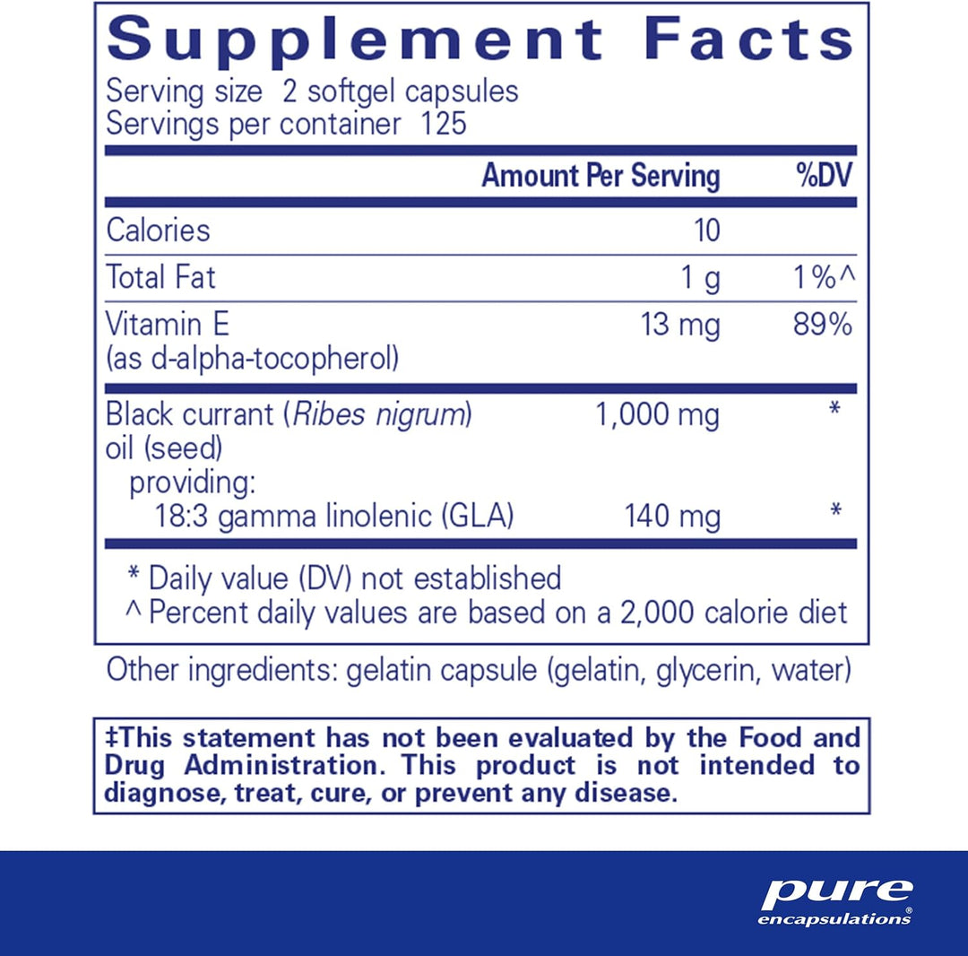 Pure Encapsulations Black Currant Seed Oil supplement in a bottle of 250 vegan softgels, used for immune support and digestive health.