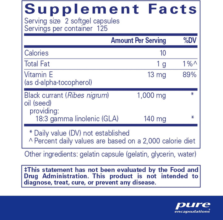 Pure Encapsulations Black Currant Seed Oil supplement in a bottle of 250 vegan softgels, used for immune support and digestive health.