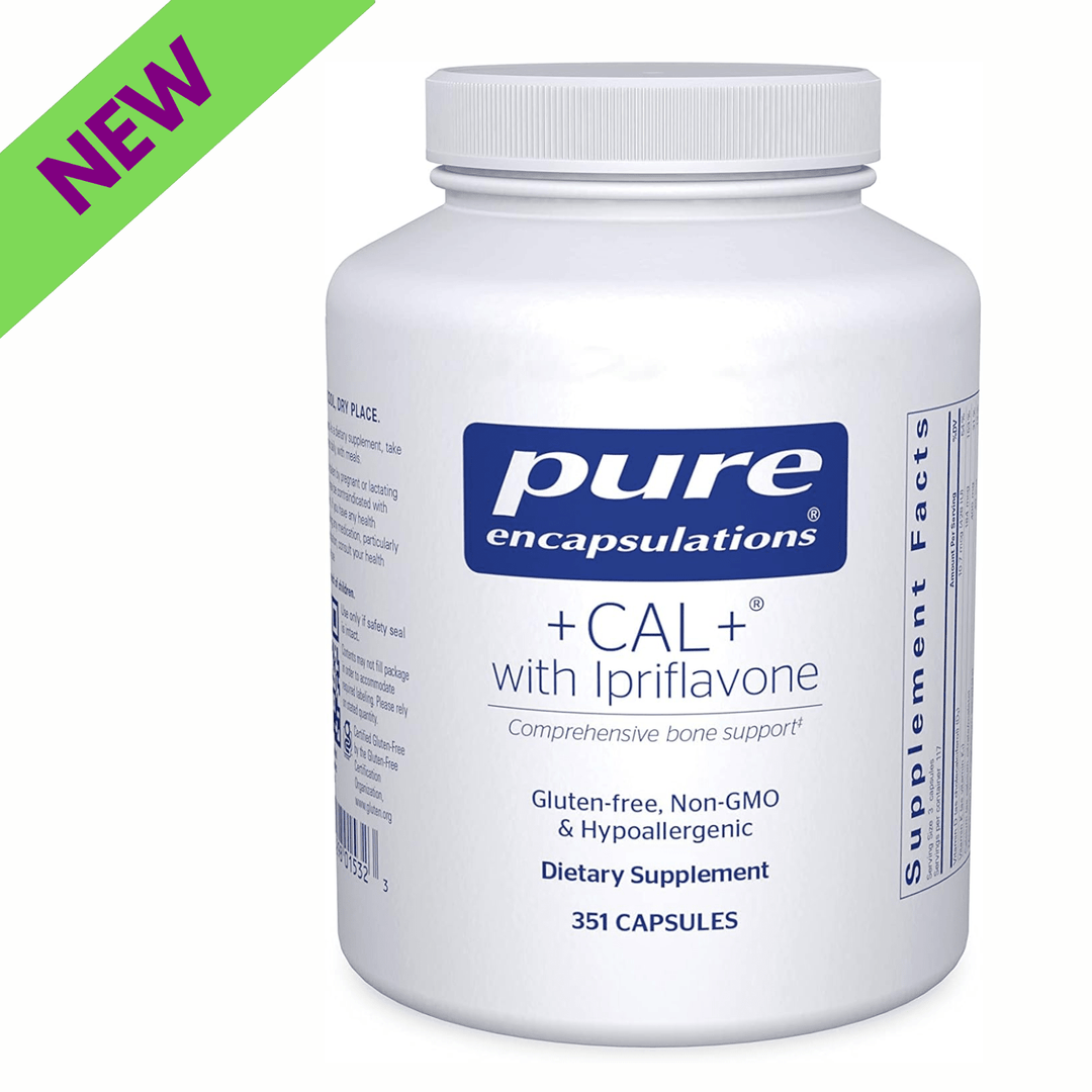 Bottle of Pure Encapsulations Cal Plus Ipriflavone vegan bone strength support digestive enzyme supplement caps on a white background.