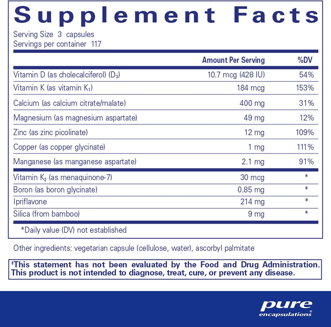 Bottle of Pure Encapsulations Cal Plus Ipriflavone vegan bone strength support dietary supplement capsules.