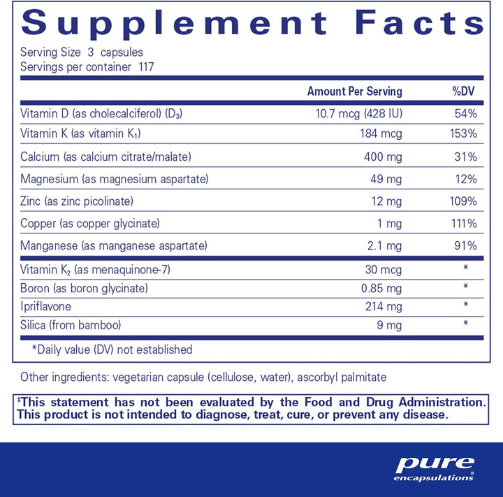 Bottle of Pure Encapsulations Cal Plus Ipriflavone vegan bone strength support dietary supplement capsules.