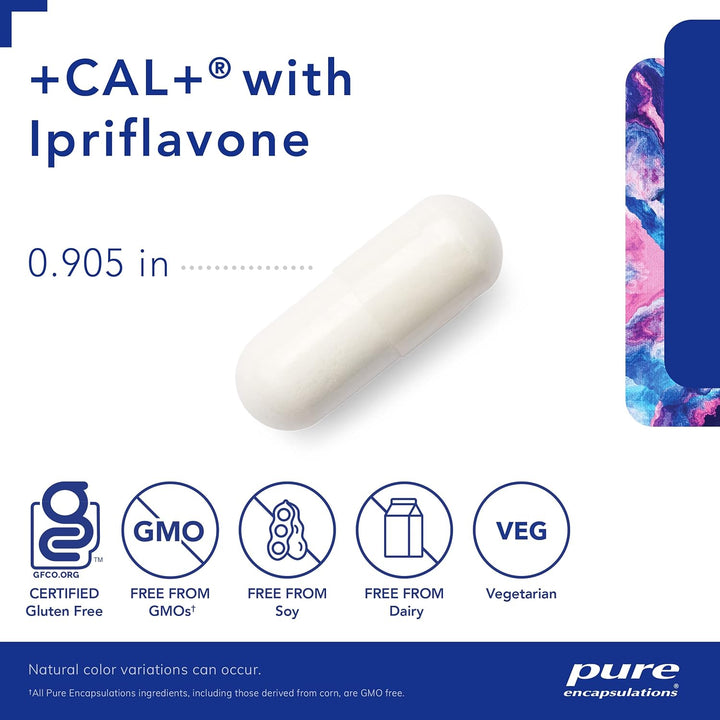 Pure Encapsulations Cal Plus Ipriflavone vegan supplement capsules for bone strength support, displayed in a clear bottle.