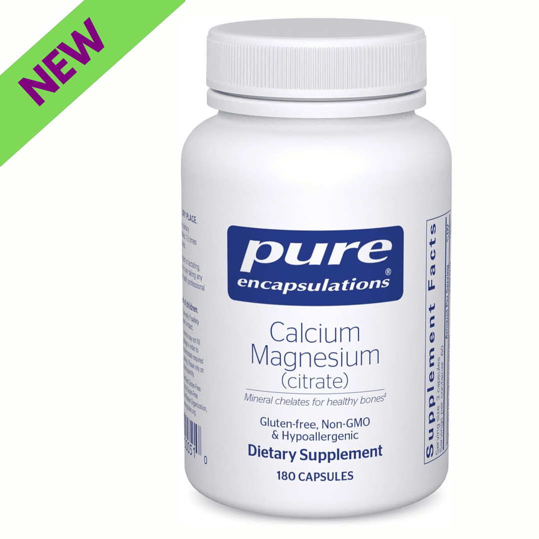 Pure Encapsulations Calcium Magnesium Citrate vegan supplement bottle with 180 capsules, supporting bone health and digestion.
