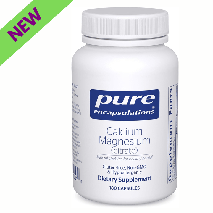 Pure Encapsulations Calcium Magnesium Citrate vegan supplement bottle with 180 capsules, supporting bone health and digestion.
