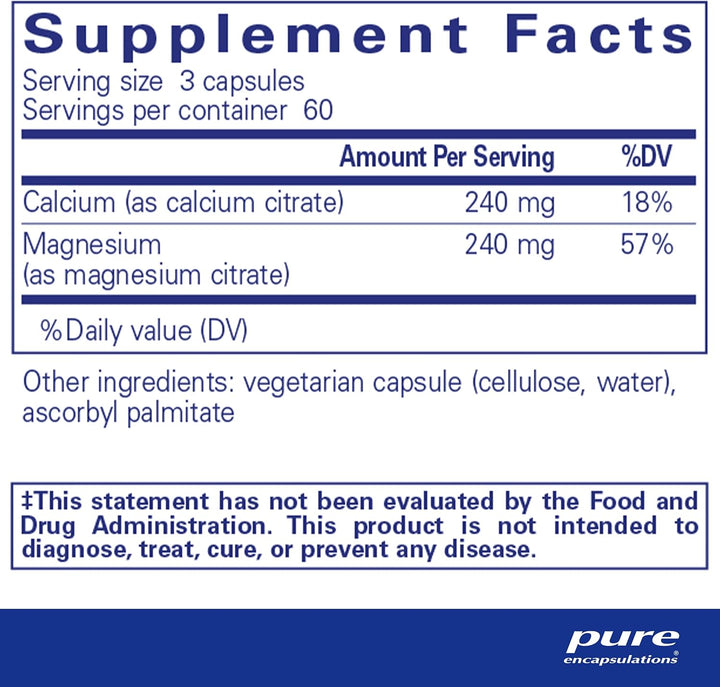 Pure Encapsulations Calcium Magnesium Citrate bone support supplement in 180 vegan capsules, featuring a clear label and supplement bottle.