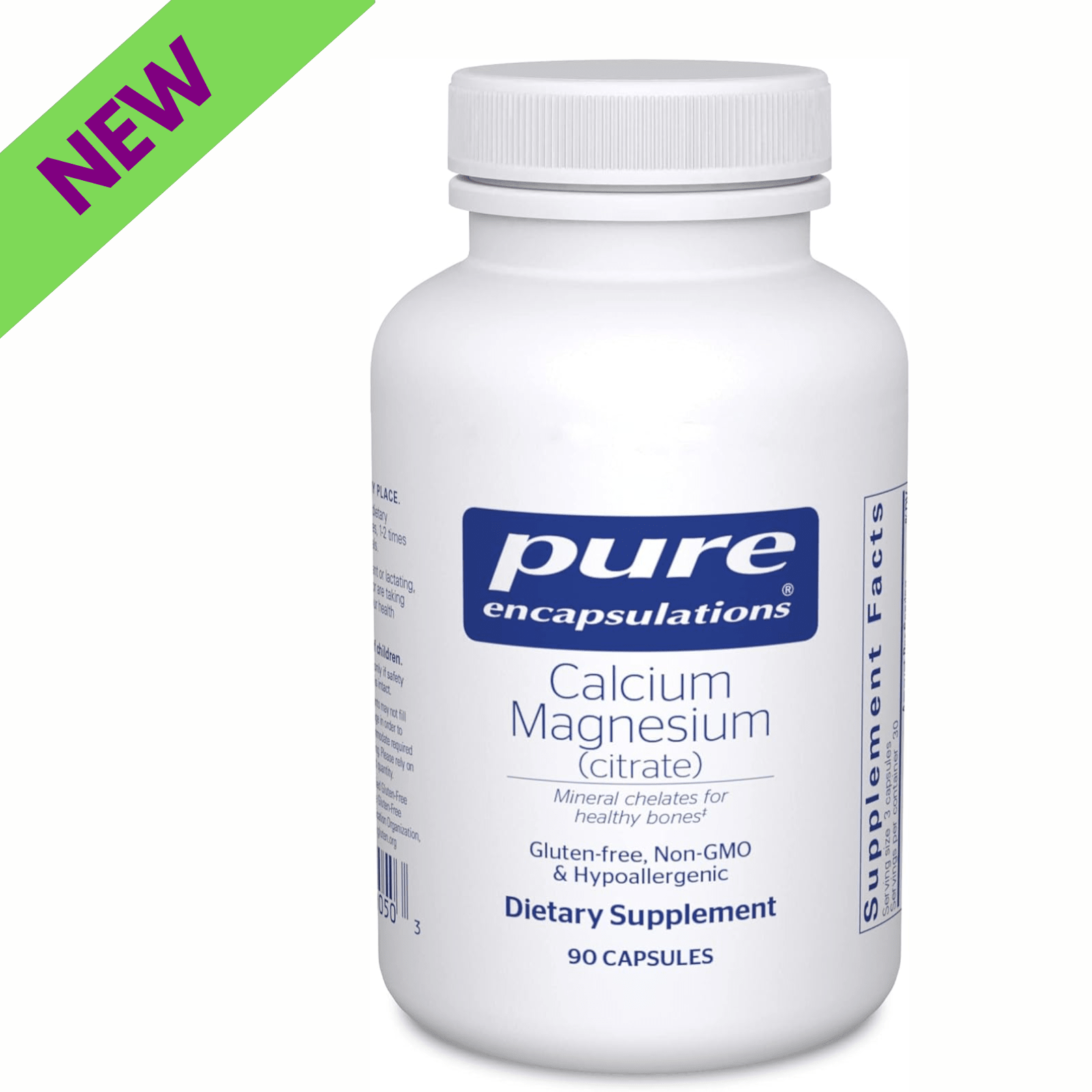 Pure Encapsulations Calcium Magnesium Citrate bone support supplement capsules, vegan digestive enzyme supplement in a bottle.