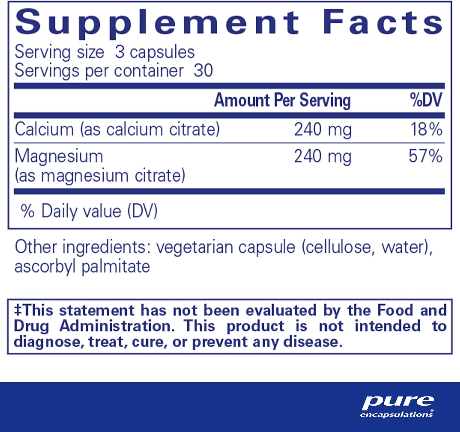 Pure Encapsulations Calcium Magnesium Citrate vegan supplement capsules for bone support and digestive enzyme health.