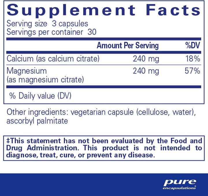 Pure Encapsulations Calcium Magnesium Citrate vegan supplement capsules for bone support and digestive enzyme health.
