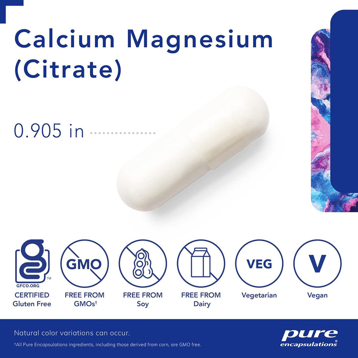 Pure Encapsulations Calcium Magnesium Citrate bone support vegan digestive enzyme supplement capsules in a bottle.