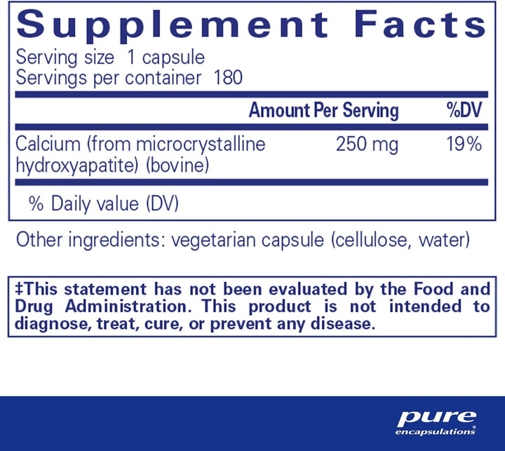 Bottle of Pure Encapsulations Calcium MCHA bone support vegan formula capsules, showing 180 capsules on the label.