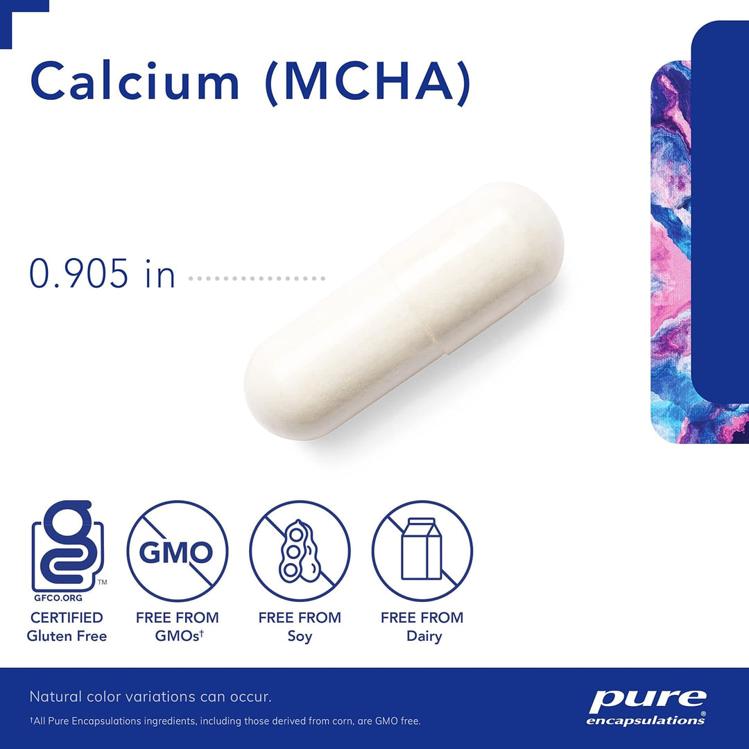 Bottle of Pure Encapsulations Calcium MCHA Bone Support vegan digestive enzyme supplement capsules, with label details visible.