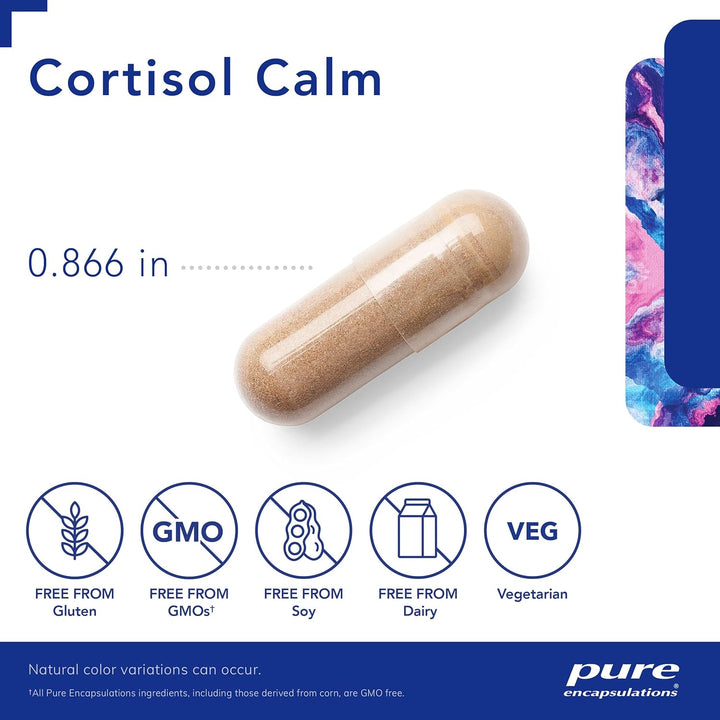 Pure Encapsulations Cortisol Calm stress support supplement with 120 capsules, featuring digestive enzyme blend for relaxation and sleep aid.