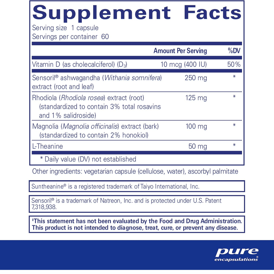 Pure Encapsulations Cortisol Calm stress support supplement with 60 capsules, designed to aid sleep and reduce stress.