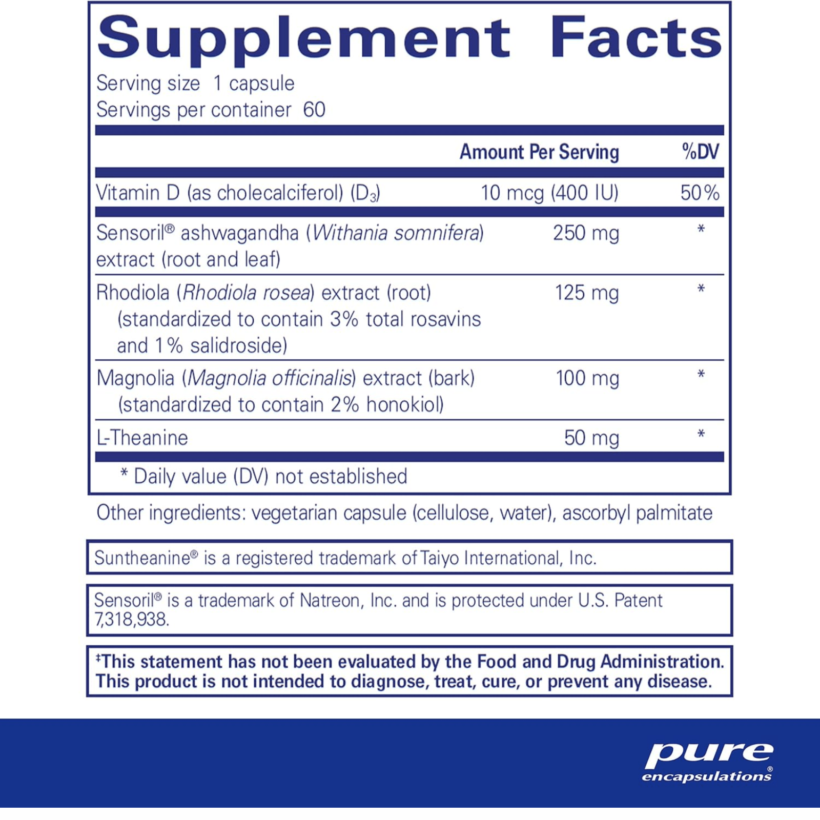Pure Encapsulations Cortisol Calm stress support supplement with 60 capsules, designed to aid sleep and reduce stress.