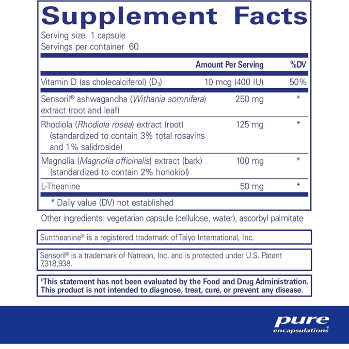 Pure Encapsulations Cortisol Calm stress support supplement with 60 capsules, designed to aid sleep and reduce stress.