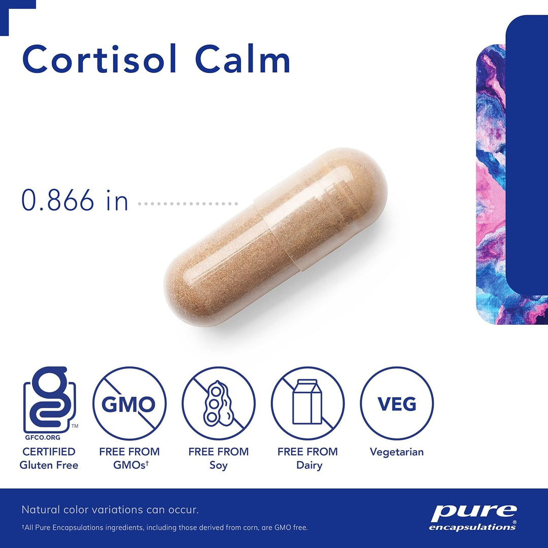Pure Encapsulations Cortisol Calm stress support supplement with 60 capsules for relaxation and sleep aid.