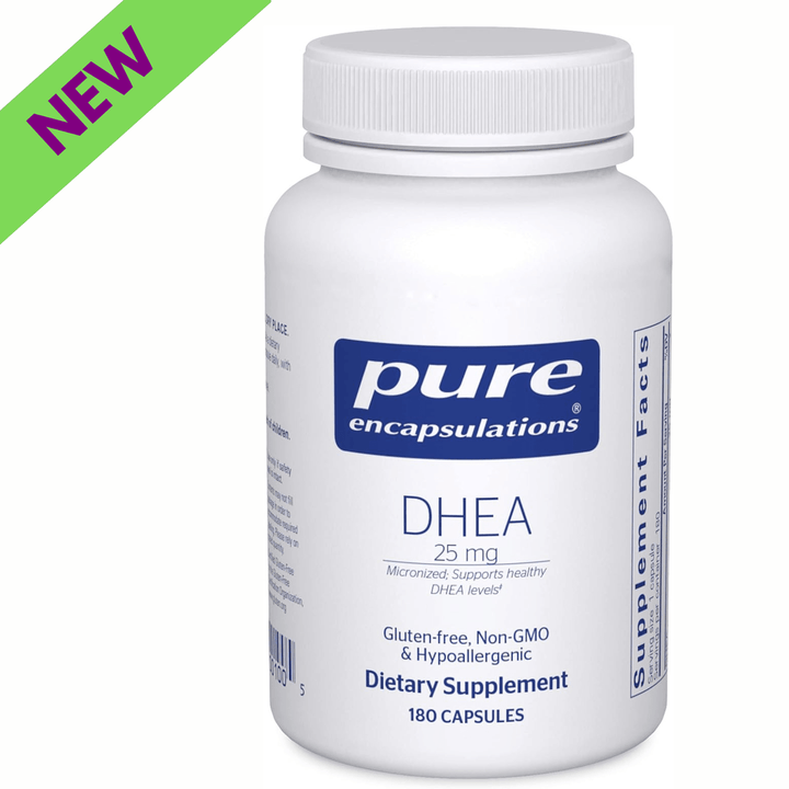 Pure Encapsulations DHEA 25 mg supplement bottle with 180 capsules, supporting hormone balance and digestive health.