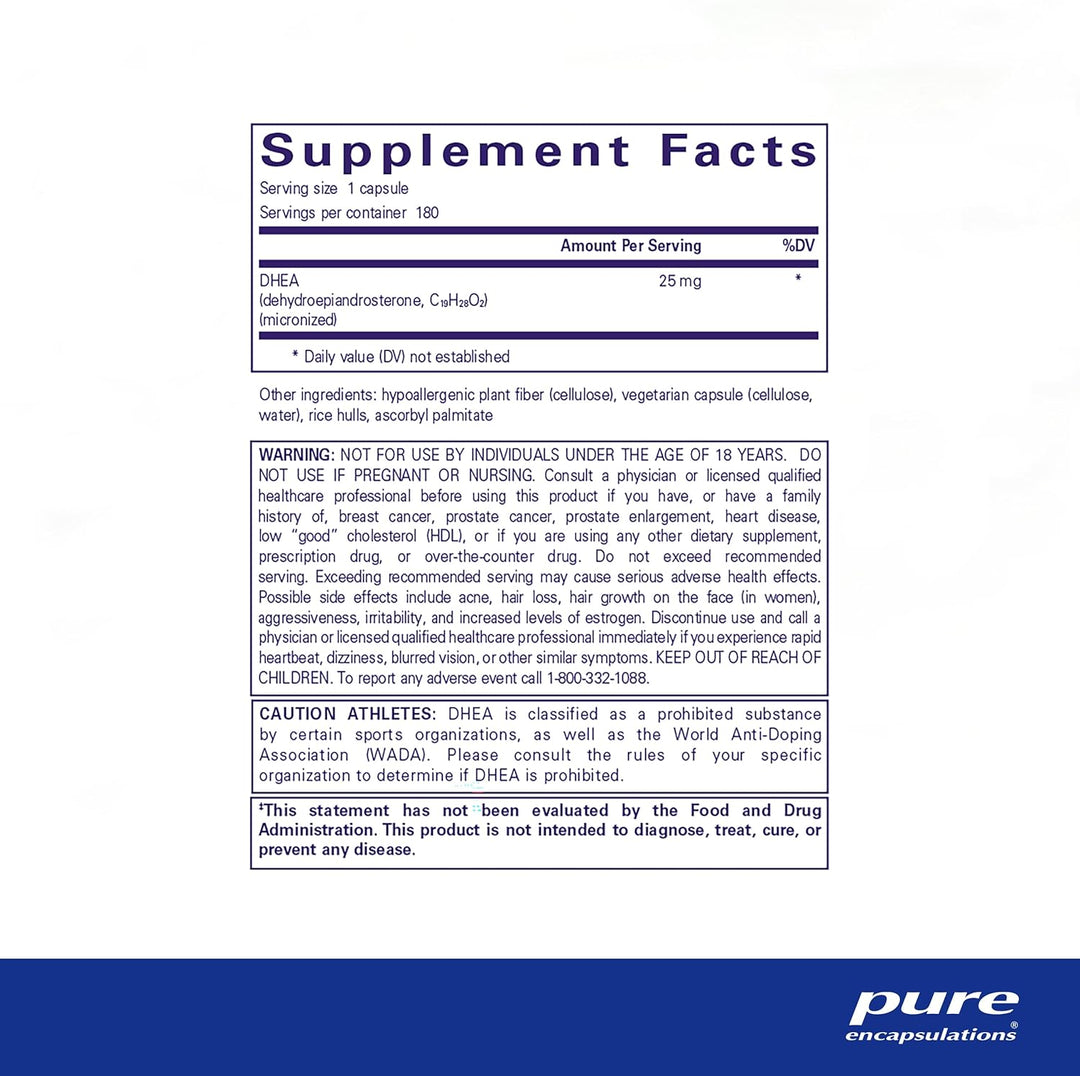 Pure Encapsulations DHEA 25 mg supplement bottle with 180 capsules, designed to support hormone balance and digestive health.