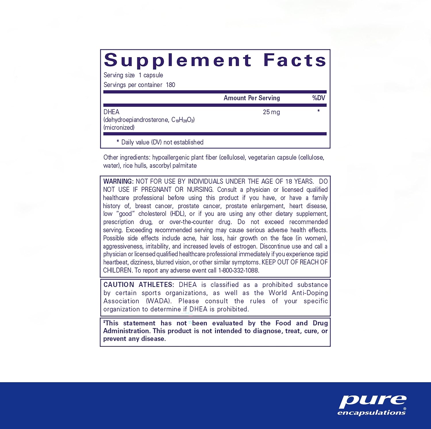 Pure Encapsulations DHEA 25 mg supplement bottle with 180 capsules, designed to support hormone balance and digestive health.