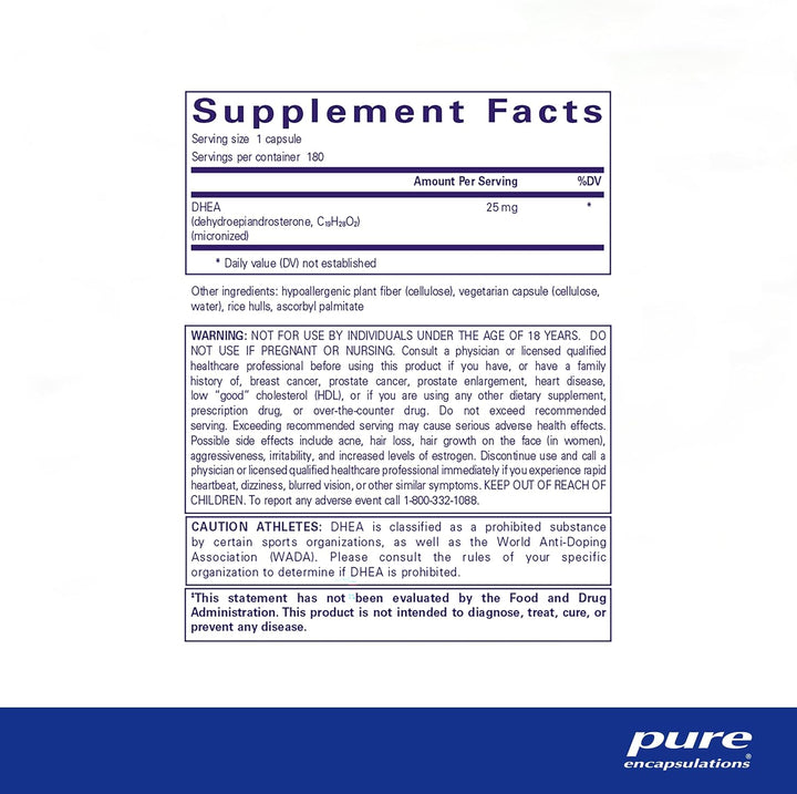 Pure Encapsulations DHEA 25 mg supplement bottle with 180 capsules, designed to support hormone balance and digestive health.