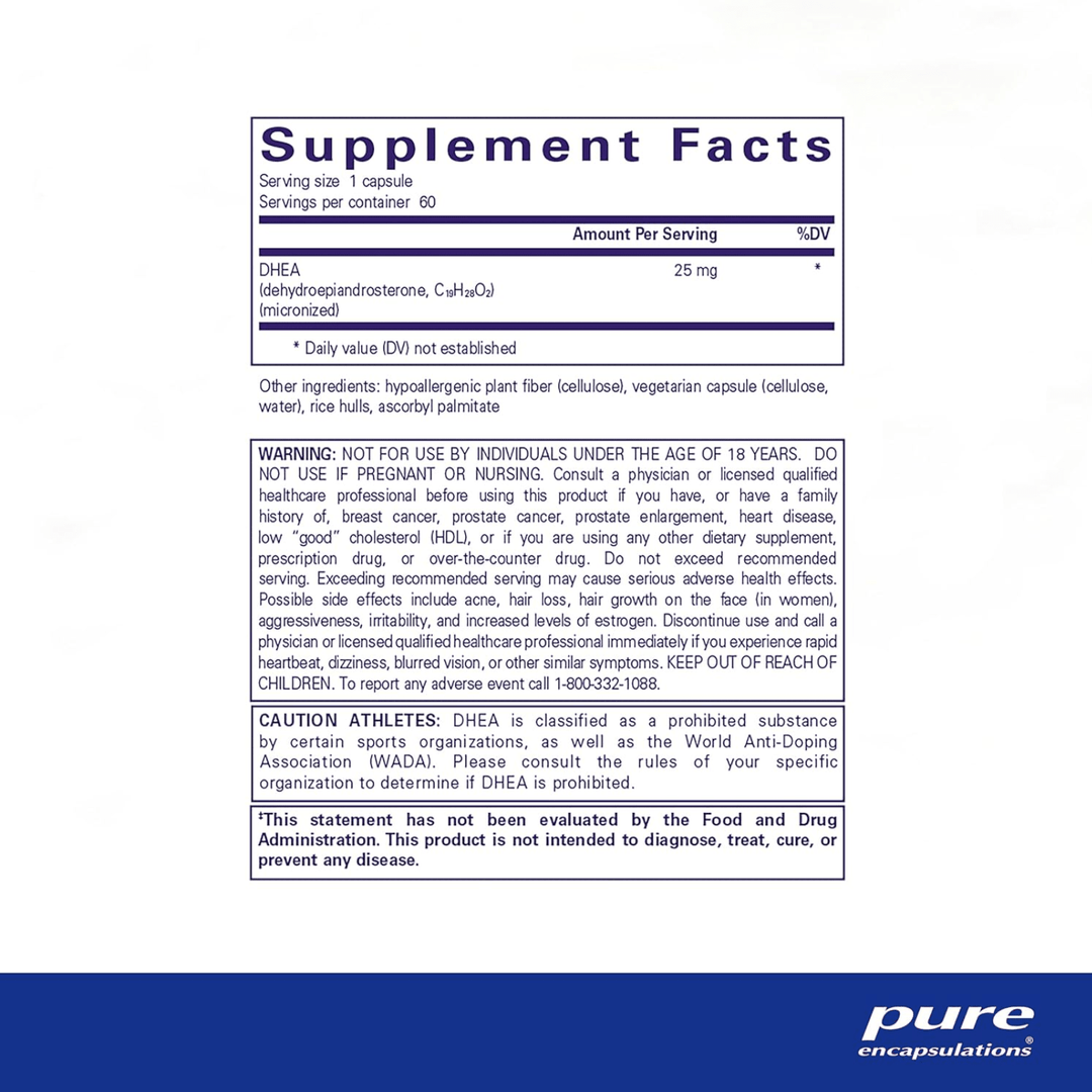 Pure Encapsulations DHEA 25 mg supplement bottle with 60 capsules, supporting hormone balance and digestive health.