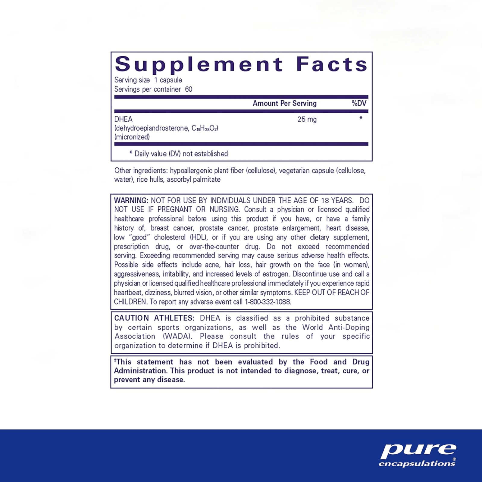 Pure Encapsulations DHEA 25 mg supplement bottle with 60 capsules, supporting hormone balance and digestive health.