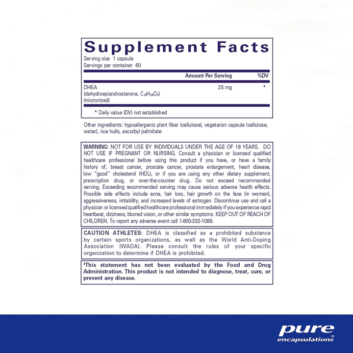 Pure Encapsulations DHEA 25 mg supplement bottle with 60 capsules, supporting hormone balance and digestive health.