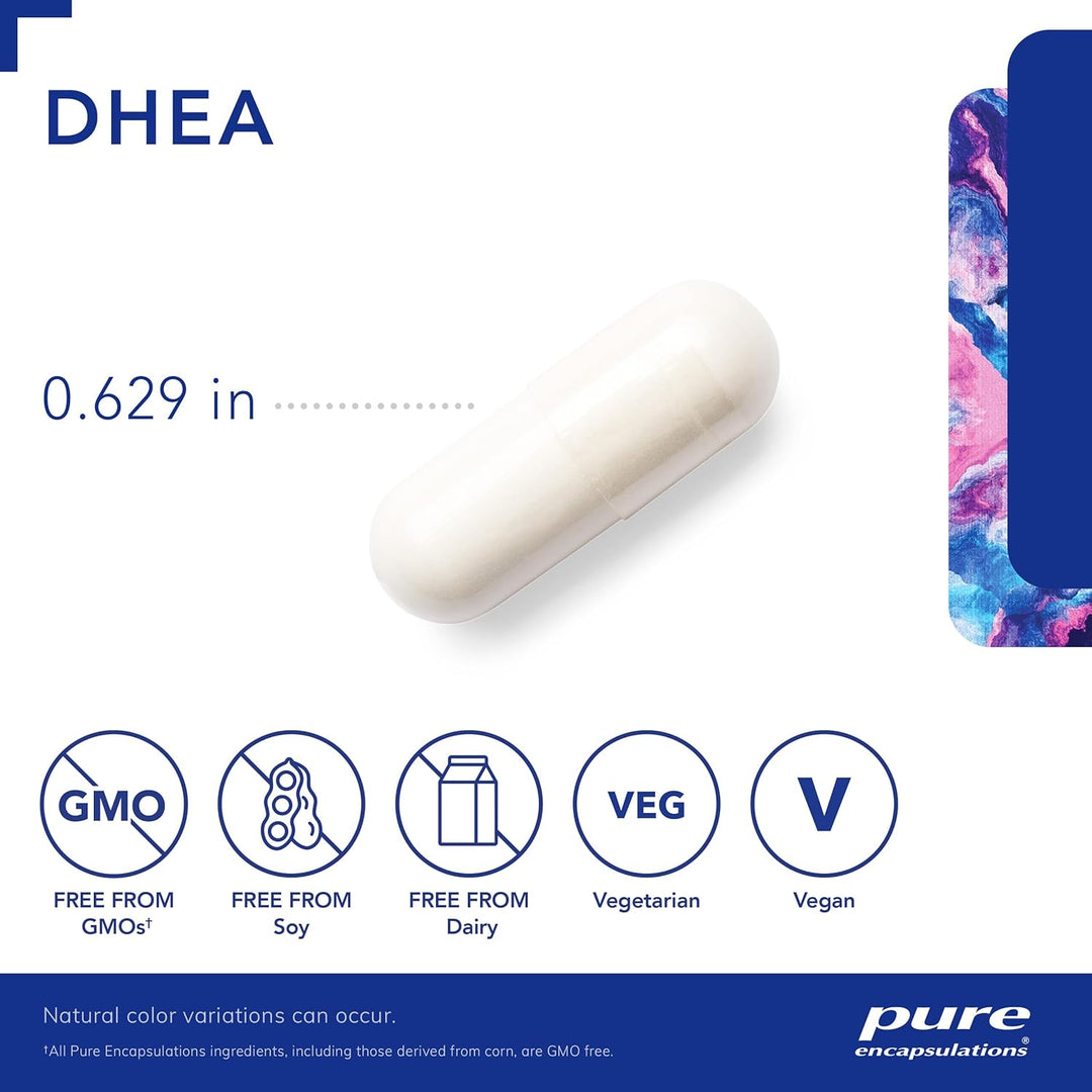 Pure Encapsulations DHEA 25 mg supplement bottle with 60 capsules, designed to support hormone balance and digestive health.