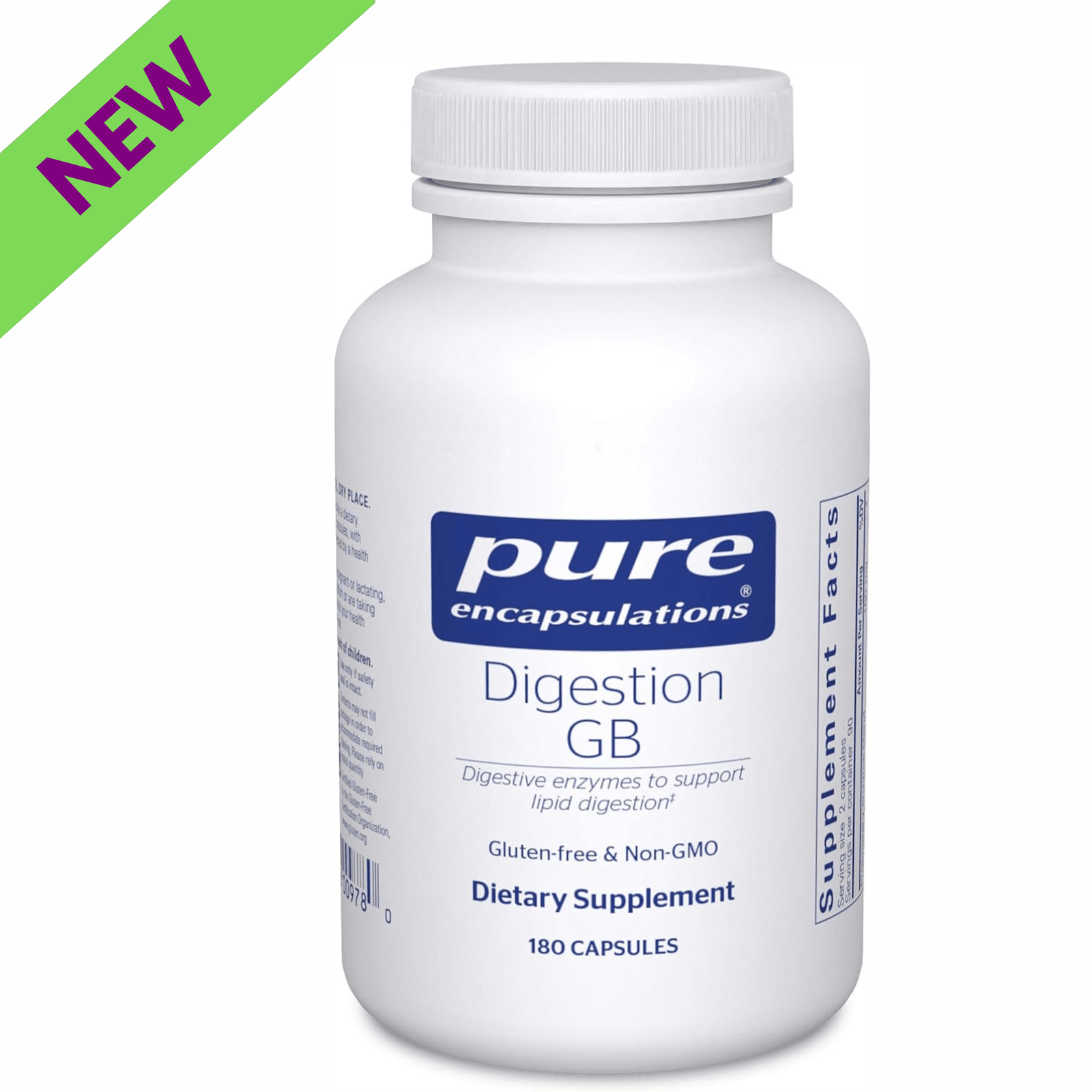 Pure Encapsulations Digestion GB digestive enzyme supplement bottle with 180 capsules supporting gut health.