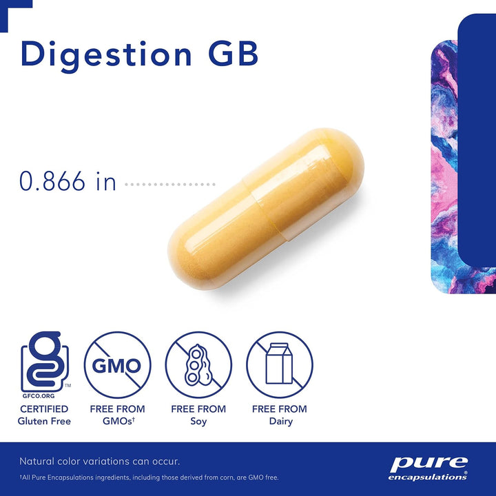 Pure Encapsulations Digestion GB supplement bottle with 180 capsules, supporting gut health and digestive enzyme function.