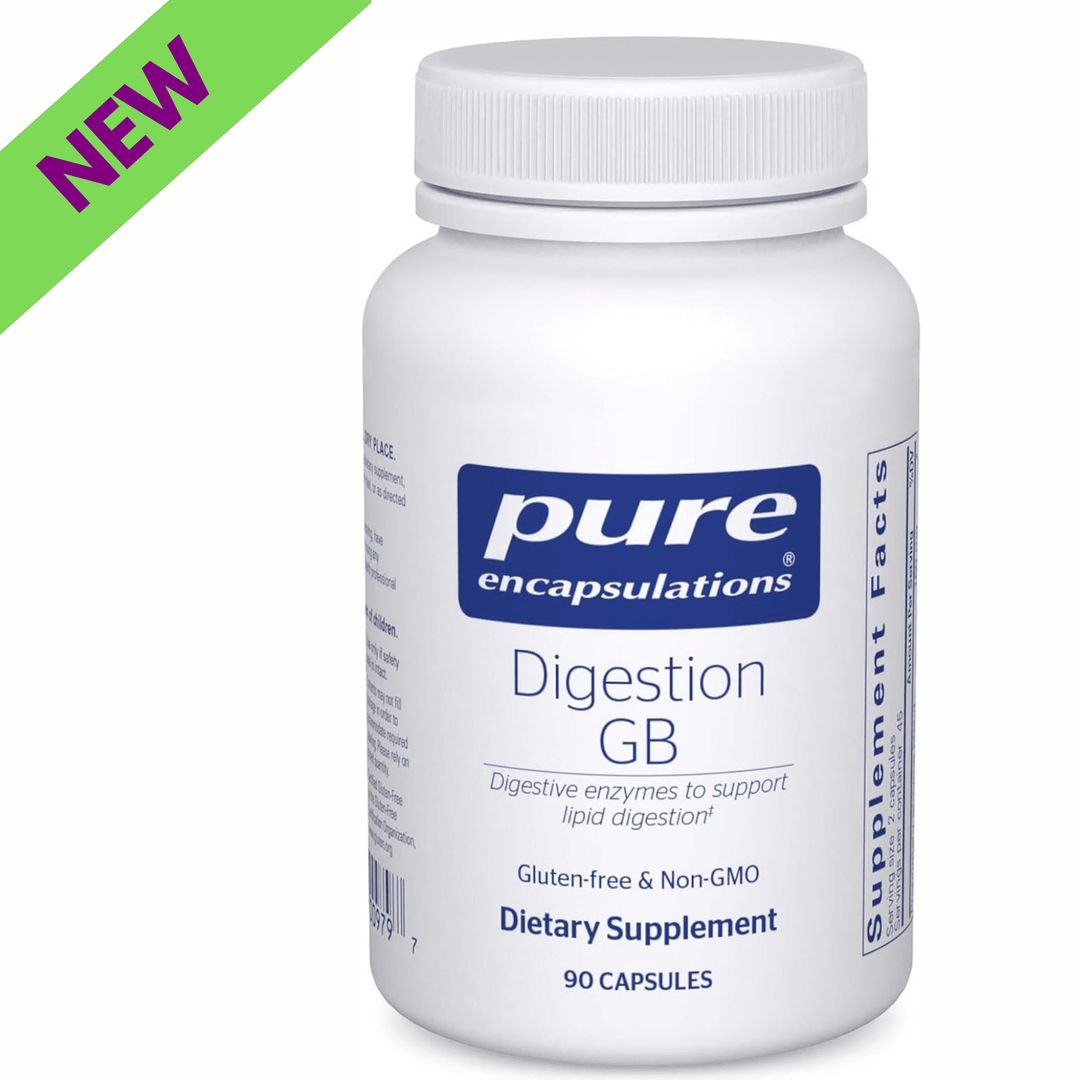 Pure Encapsulations Digestion GB digestive enzyme supplement bottles, supporting gut health with 90 capsules.