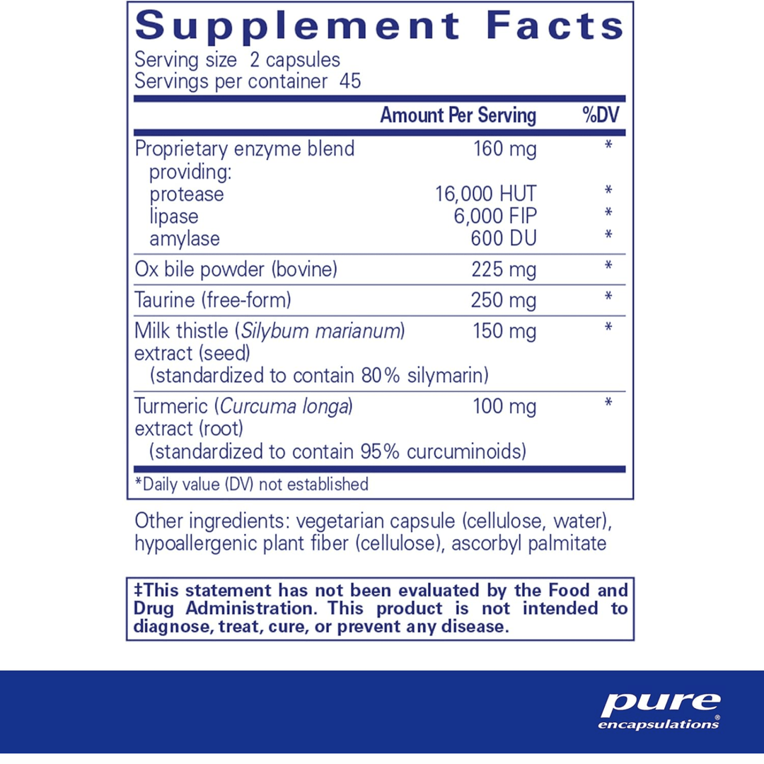Pure Encapsulations Digestion GB digestive enzyme supplement bottle with 90 capsules, supporting gut health and digestion.