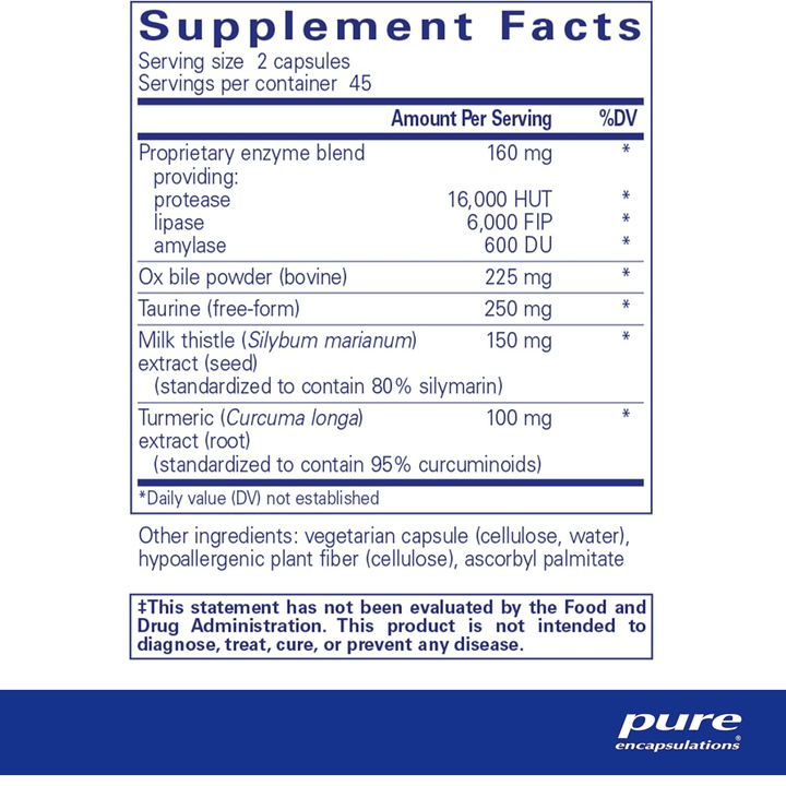 Pure Encapsulations Digestion GB digestive enzyme supplement bottle with 90 capsules, supporting gut health and digestion.
