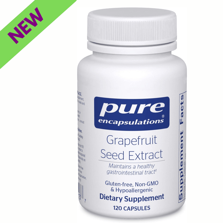 Pure Encapsulations Grapefruit Seed Extract digestive support supplement in vegan capsules, showing a bottle with 120 capsules.